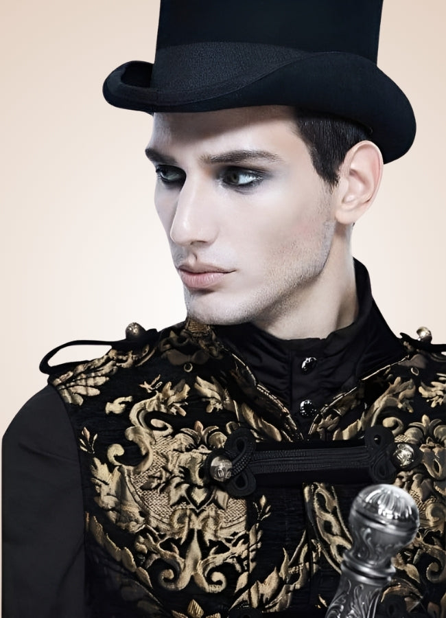 Black And Gold Gothic Long Vest - Steampunk Australia