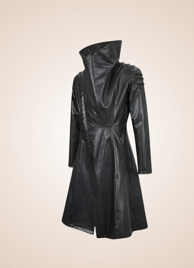 Man High Collar Leather Coat - Steampunk Australia