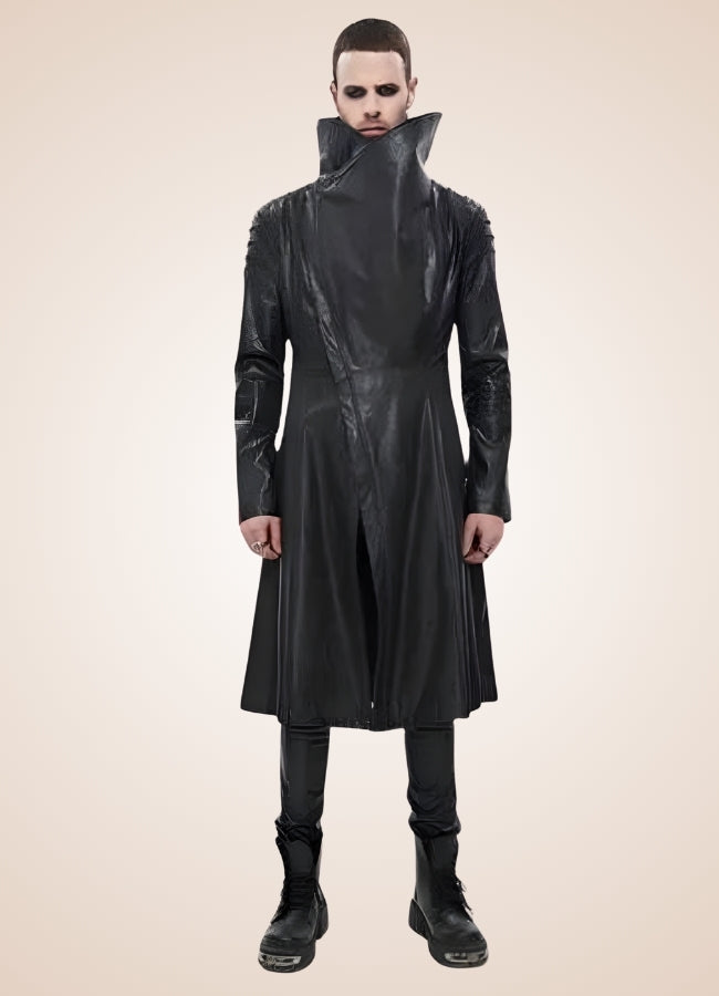 Man High Collar Leather Coat - Steampunk Australia