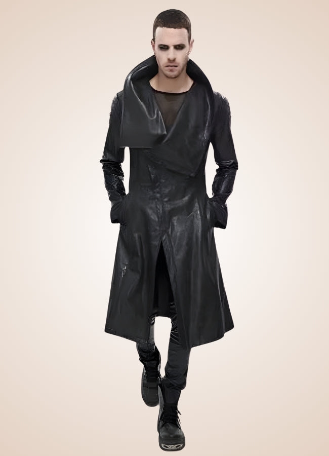 Man High Collar Leather Coat - Steampunk Australia