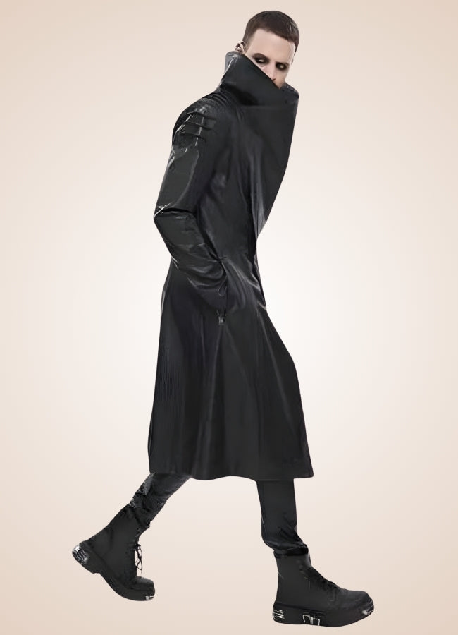 Man High Collar Leather Coat - Steampunk Australia