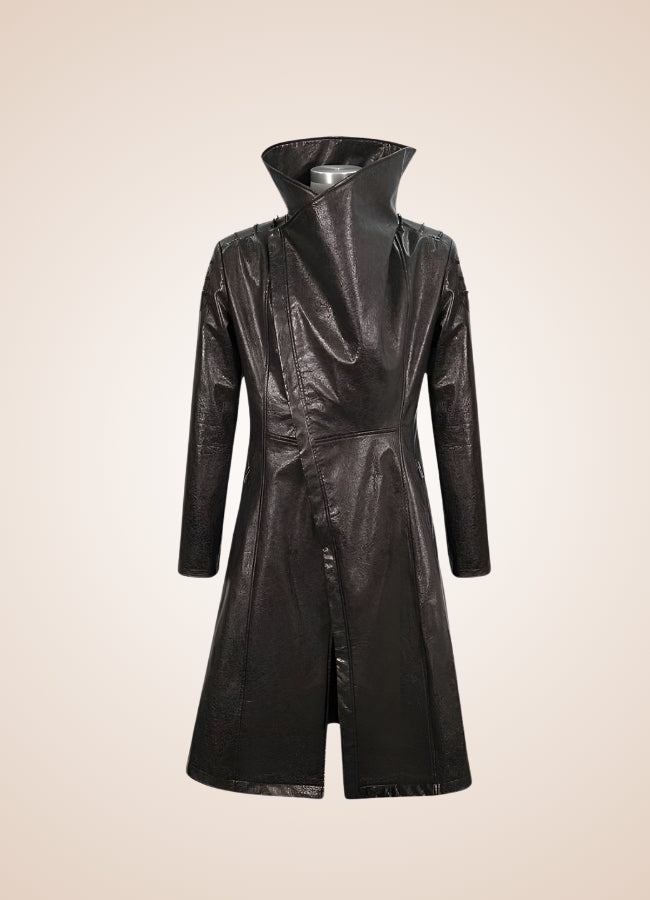 Man High Collar Leather Coat - Steampunk Australia