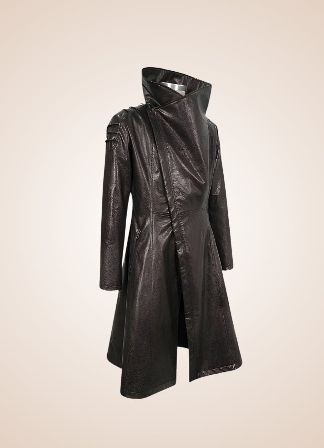 Man High Collar Leather Coat - Steampunk Australia