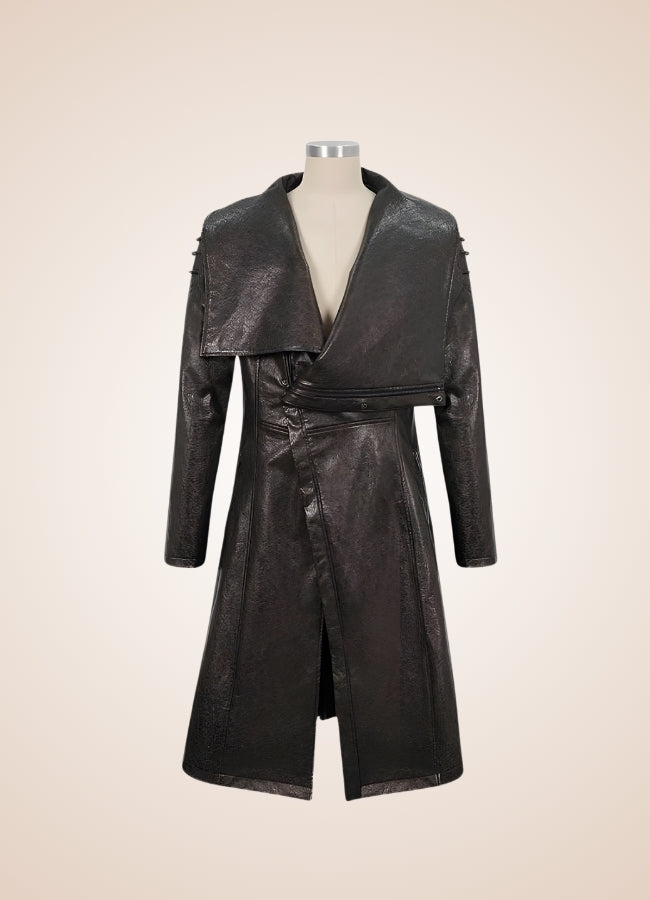 Man High Collar Leather Coat - Steampunk Australia