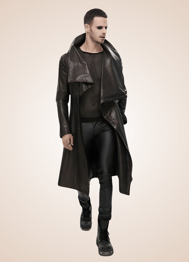 Man High Collar Leather Coat - Steampunk Australia