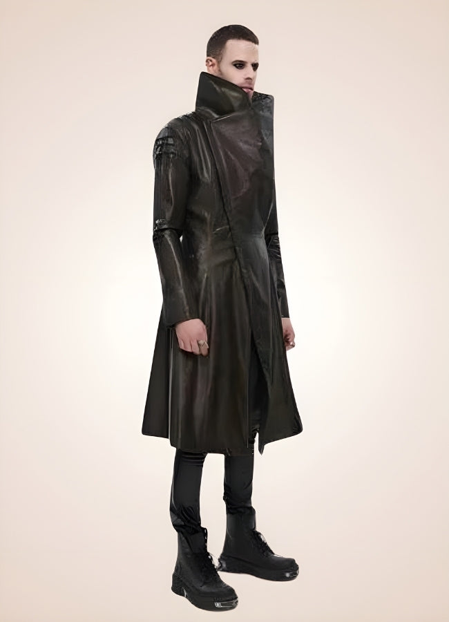Man High Collar Leather Coat - Steampunk Australia