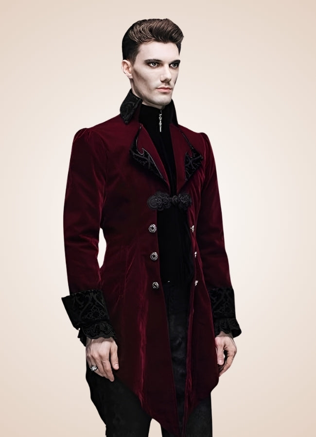 Men's Gothic Burgundy Frock Coat - Steampunk Australia