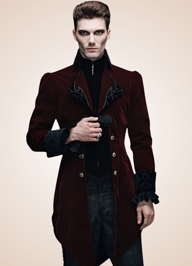 Men's Gothic Burgundy Frock Coat - Steampunk Australia
