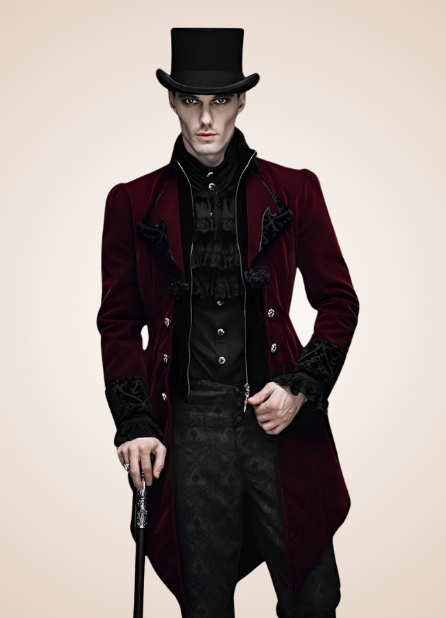 Men's Gothic Burgundy Frock Coat - Steampunk Australia