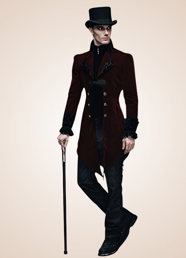 Men's Gothic Burgundy Frock Coat - Steampunk Australia