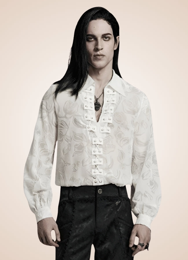 gothic white dress shirt design men Men's Gothic Stand Collar Embroidered Sheer Chiffon Shirt White Punk Design