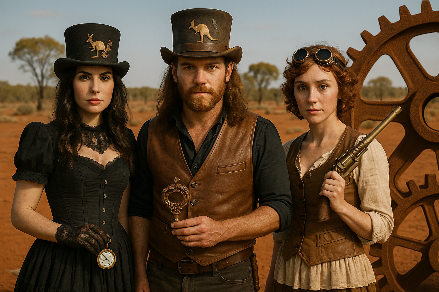 Three people in realistic steampunk attire pose in the Australian outback, wearing leather vests, goggles, and hats with kangaroo emblems, against a backdrop of red earth and rusted gears.