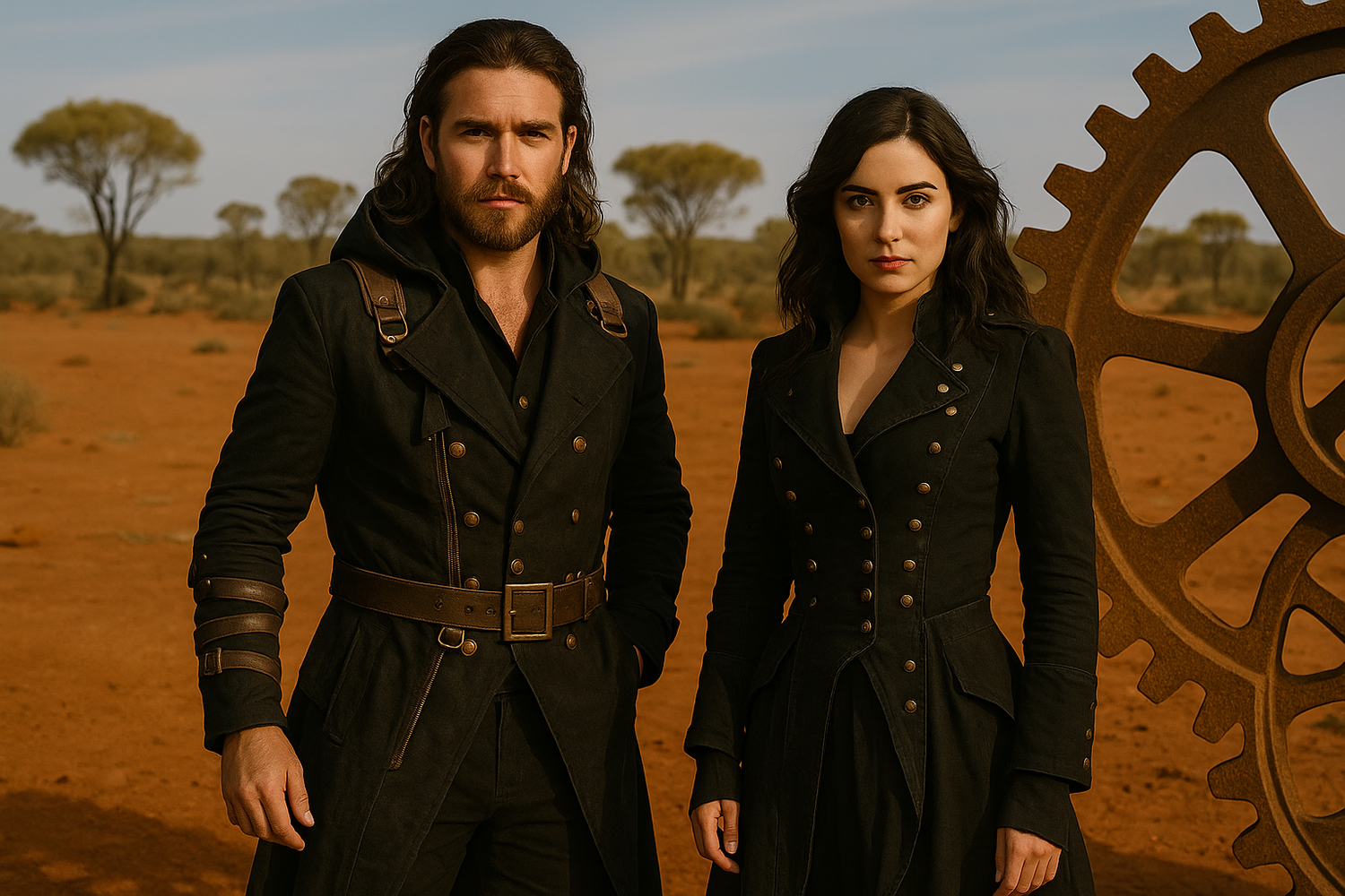 A man and woman wearing steampunk jackets and accessories, standing in a rugged outback setting with vintage gears.