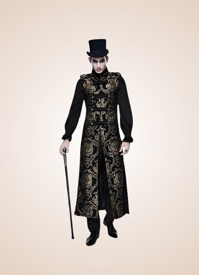 Black And Gold Gothic Long Vest - Steampunk Australia