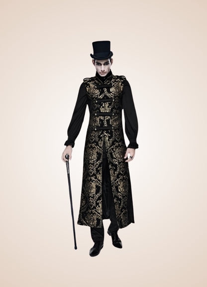 Black And Gold Gothic Long Vest - Steampunk Australia