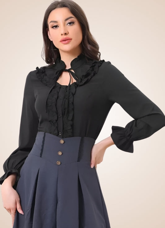 Black Victorian Ruffles Long Sleeve Blouse - Steampunk Australia