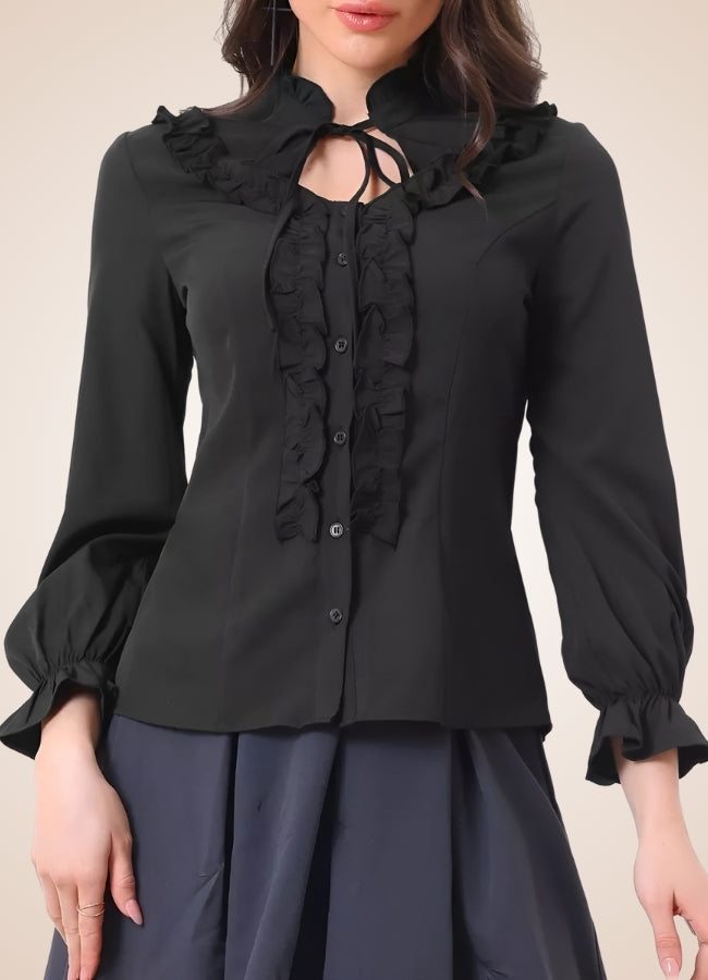 Black Victorian Ruffles Long Sleeve Blouse - Steampunk Australia