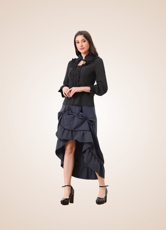 Black Victorian Ruffles Long Sleeve Blouse - Steampunk Australia