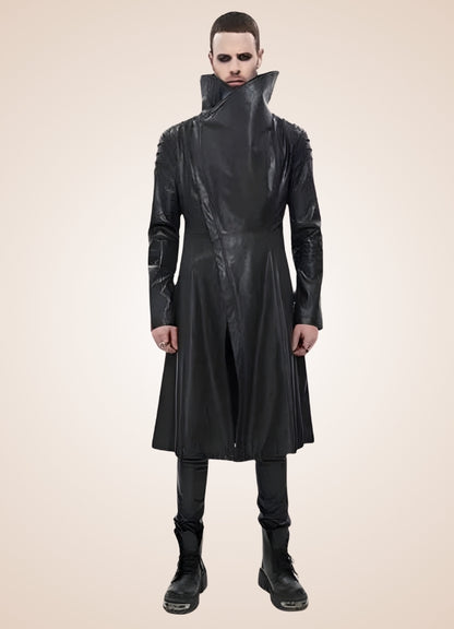 Man High Collar Leather Coat - Steampunk Australia