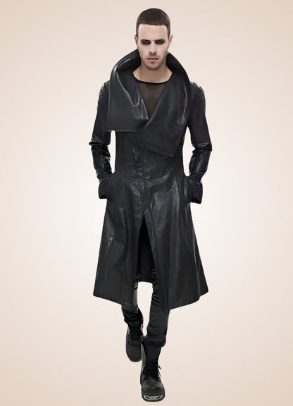 Man High Collar Leather Coat - Steampunk Australia