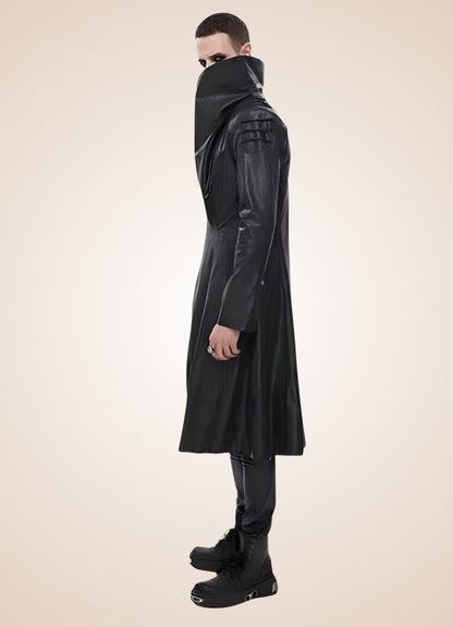 Man High Collar Leather Coat - Steampunk Australia