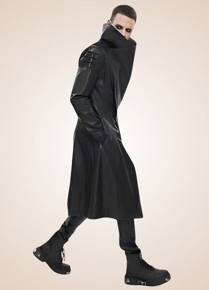Man High Collar Leather Coat - Steampunk Australia