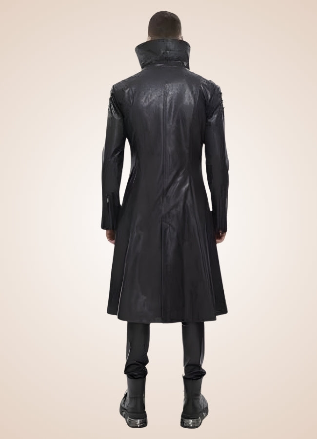 Man High Collar Leather Coat - Steampunk Australia