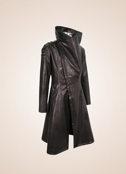 Man High Collar Leather Coat - Steampunk Australia