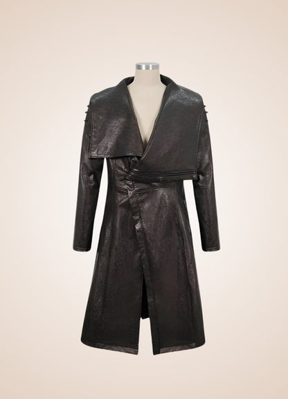 Man High Collar Leather Coat - Steampunk Australia
