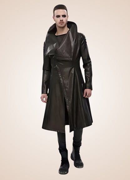 Man High Collar Leather Coat - Steampunk Australia