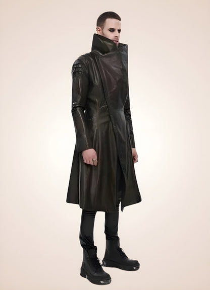 Man High Collar Leather Coat - Steampunk Australia