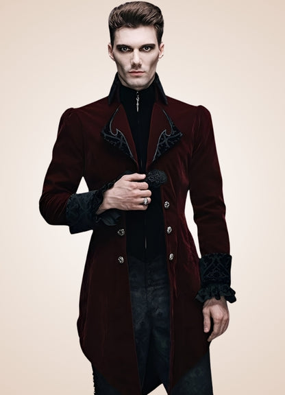 Men's Gothic Burgundy Frock Coat - Steampunk Australia