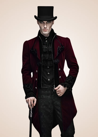 Men's Gothic Burgundy Frock Coat - Steampunk Australia