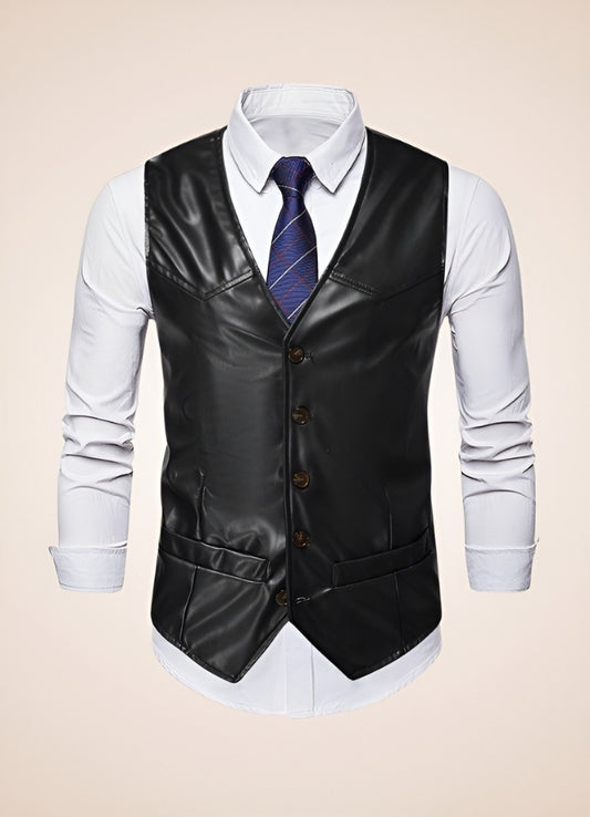 Steampunk Black Leather Gilet - Steampunk Australia