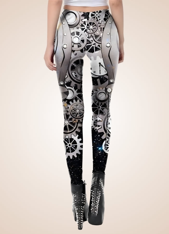Steampunk Silver Mechanical Print Legging - Steampunk Australia